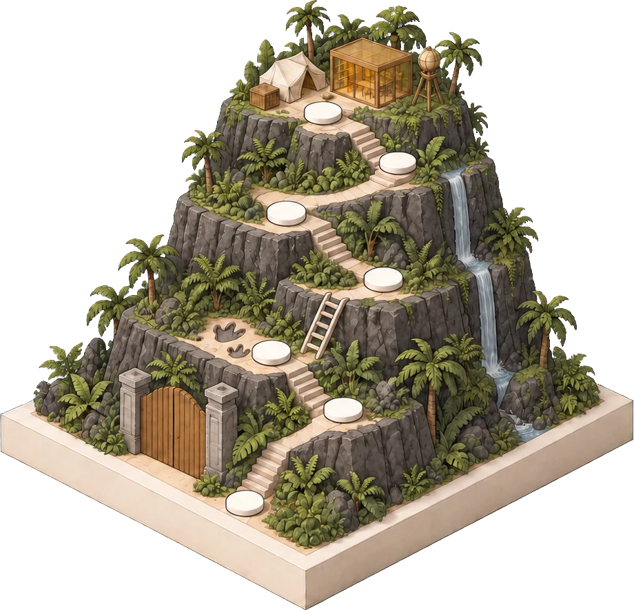 Discovery Island: a volcanic island with research tents, fern terraces and a waterfall.