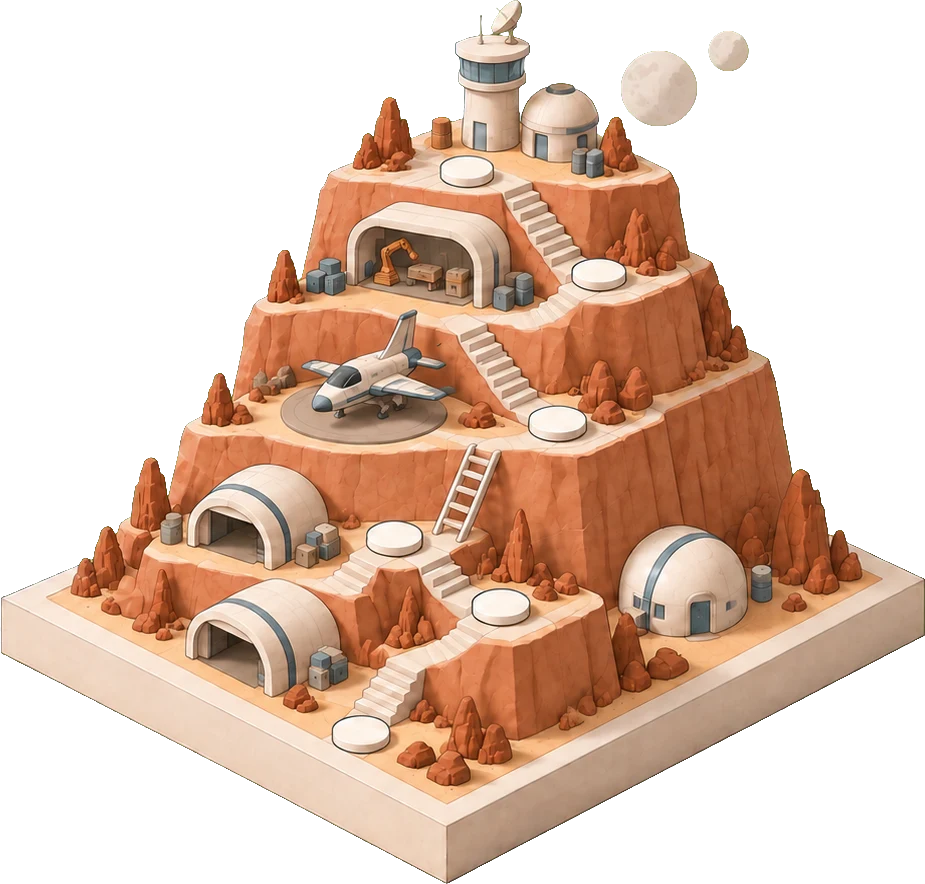 Orbital Outpost: a sun-baked terracotta desert base.