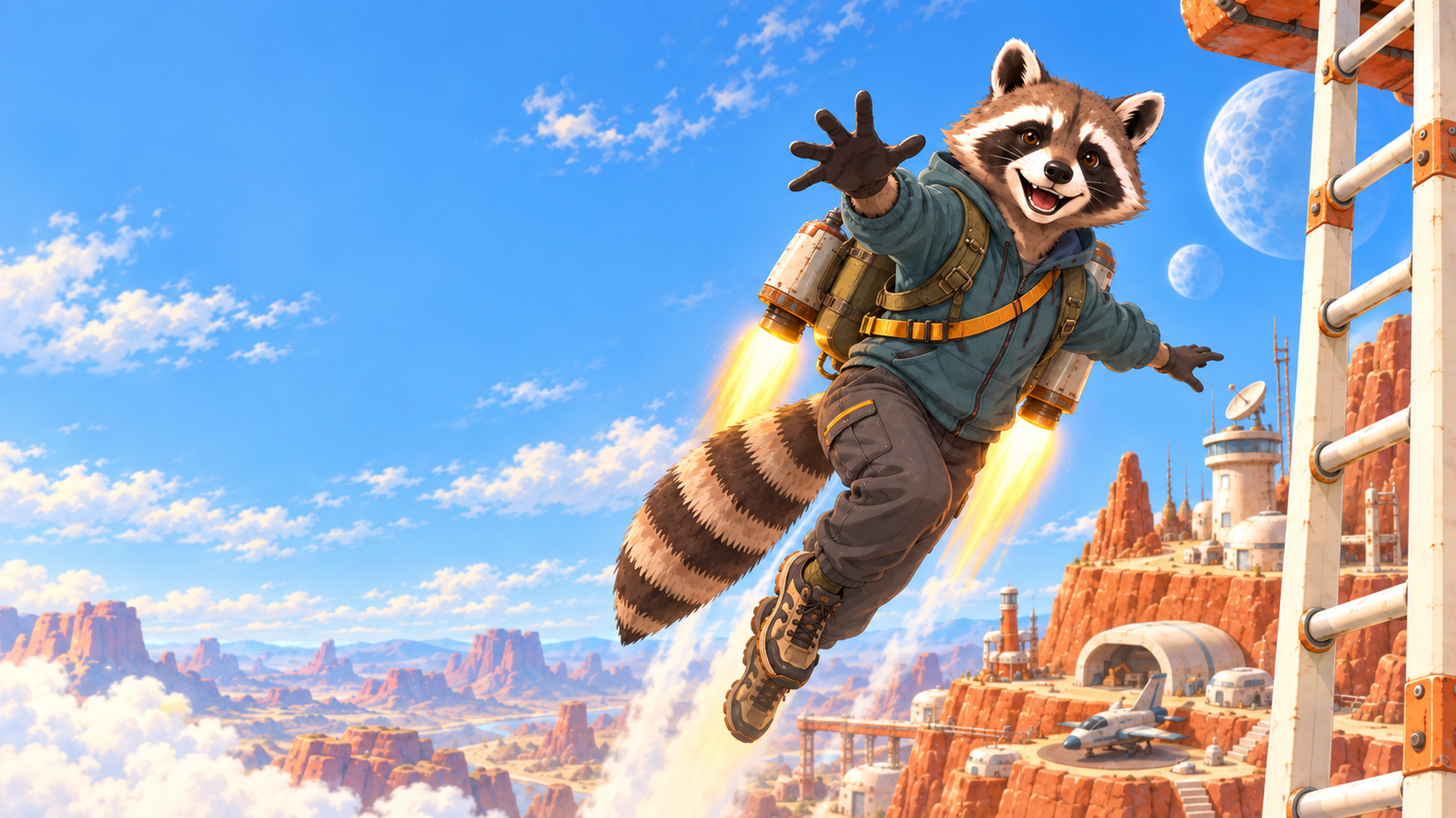 Rin, a raccoon in a teal jacket, flies on a jetpack beside a white ladder above a terracotta desert outpost under a blue sky.